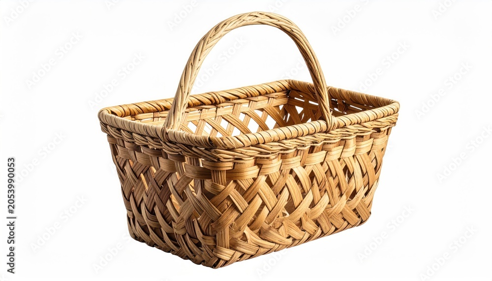 Fototapeta premium Woven, rectangular, wicker basket with a sturdy, arched handle