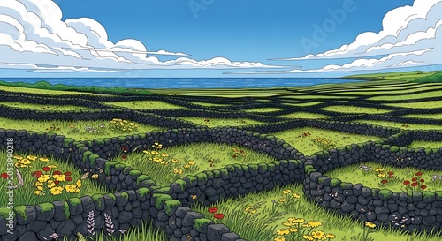 Scenic Irish Countryside with Stone Walls and Ocean View.
