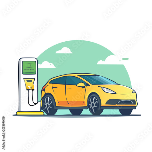 Electric Car Charging at Station Vector Illustration