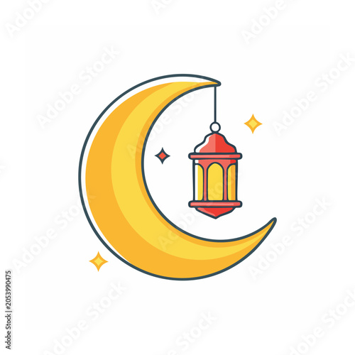 Flat Design Crescent Moon with Lantern