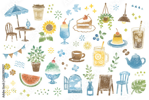 夏カフェのスタンプ風イラストセット