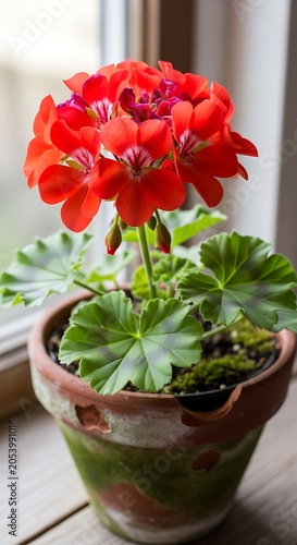Vibrant Red Geranium in a Rustic Pot by a Window.