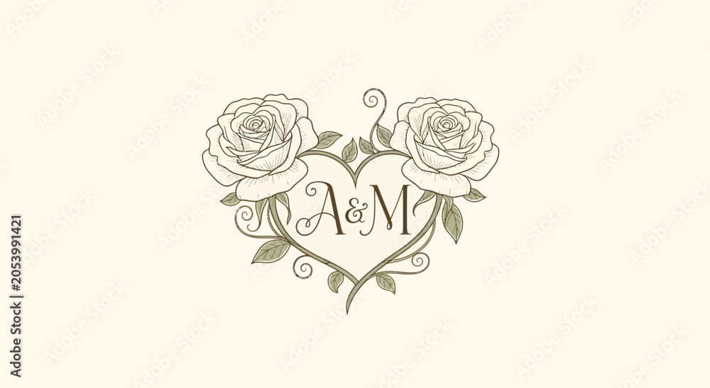 Fototapeta premium Elegant Wedding Monogram Featuring Intertwined A and M Initials Enclosed within a Romantic Hand Drawn Floral Heart Illustration with Rose Blooms