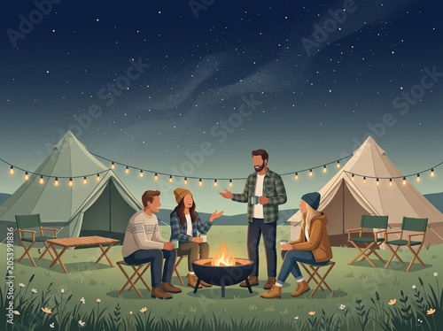 Friends glamping meadow party around fire pit under starry sky illustration