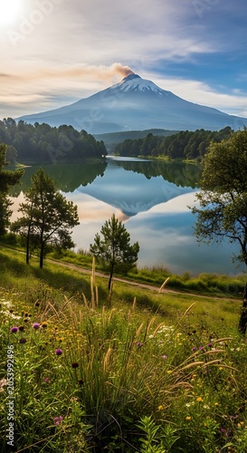 Serene Lake Reflection of Majestic Mountain Landscape.