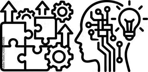 Artificial intelligence concept: human head with circuit board and lightbulb, puzzle pieces and gears
