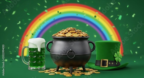 St. Patricks Day Celebration - Pot of Gold, Rainbow, and Green Beer.