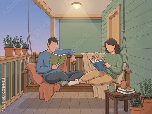 Couple porch swing reading paperback books for quiet evening work stress relief