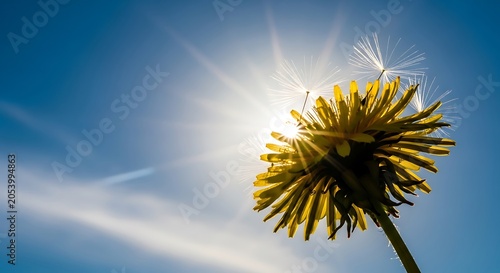 Dandelion Seed Dispersal Against a Bright Blue Sky.