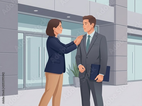Friend Support Before Job Interview Outside Office Building Entrance