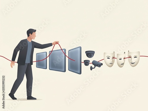 Trust thread passing through screens cameras false faces concept