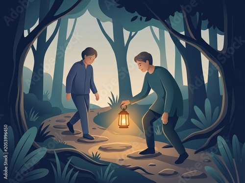Lantern guidance scene with patient person lighting path through darkness