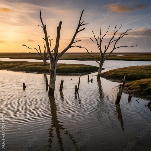 Tranquil Marshland Scene with Bare Trees at Sunset.