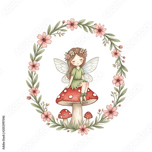 Enchanting Fairy on Mushroom in Floral Wreath Illustration.