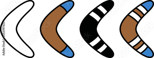 Four different colored boomerangs on transparent background for design