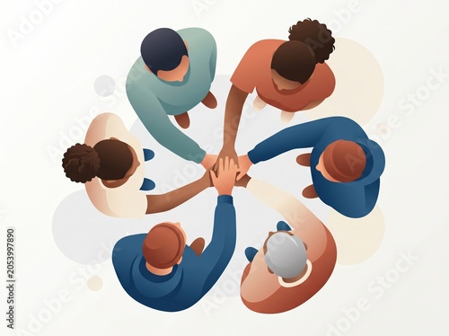 Friends team huddle clasped hands overhead unity community illustration