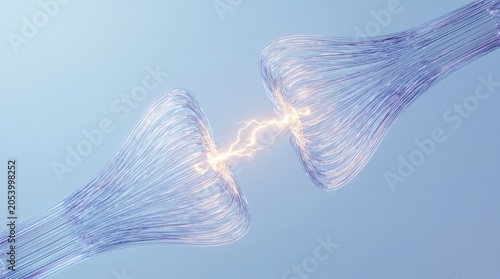 Dynamic electrical discharge connecting abstract fiber bundles, symbolizing neural network communication or data transfer