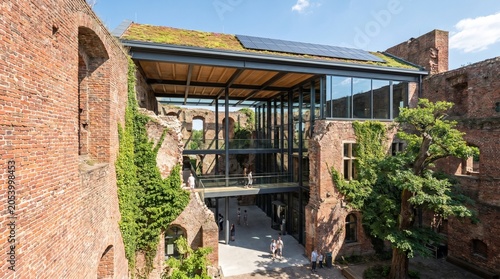 Modern architecture blends seamlessly with ancient brick ruins showcasing sustainable design and natural elements