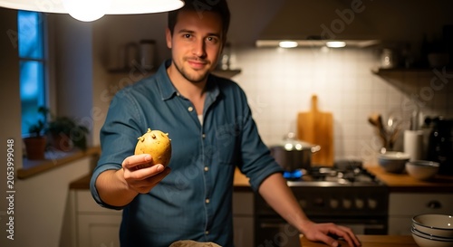 Man Proudly Displaying Homemade Muffin in Cozy Kitchen Setting.