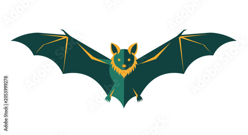 Illustrated green bat with outspread wings and sharp fangs.
