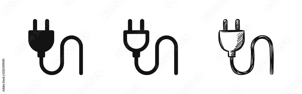 Obraz premium Electric Plug Icon Set - Power Cord and Connection Symbol in Solid, Outline, and Sketch Styles