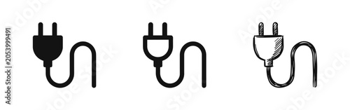 Canvastavla Electric Plug Icon Set - Power Cord and Connection Symbol in Solid, Outline, and