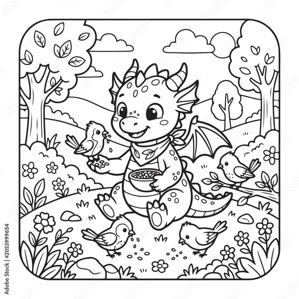 Fototapeta premium Cute baby dragon feeding birds coloring page for kids easy fun bold outline cartoon design art
