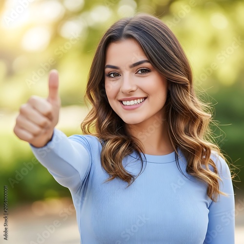 Smiling Woman Giving Thumbs Up in Outdoor Setting.