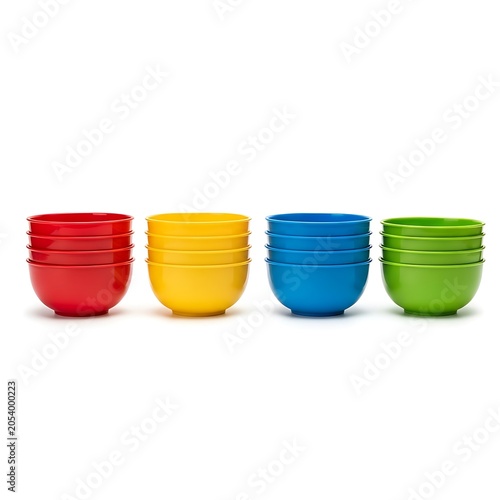 Colorful Stacks of Bowls - Red, Yellow, Blue, and Green.