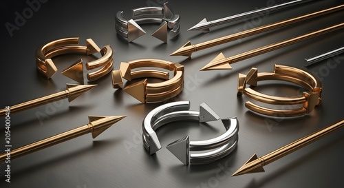 Metallic arrowheads and rings in various finishes on a dark surface