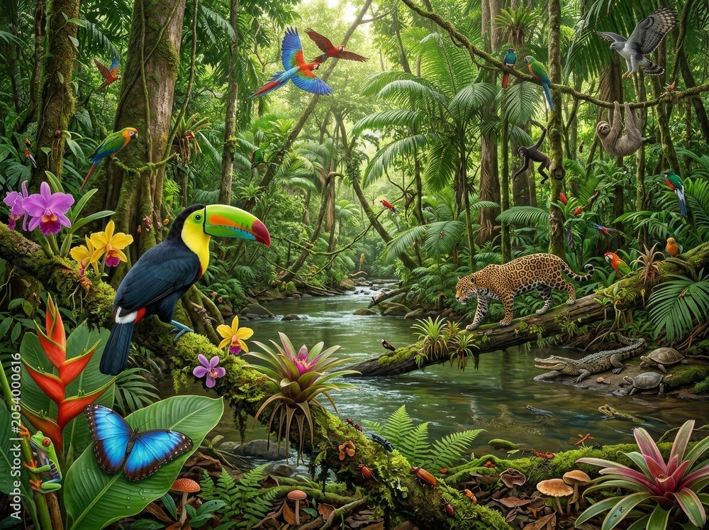 Fototapeta premium Toucan and jaguar in lush tropical rainforest. Diverse exotic wildlife and colorful birds in deep jungle ecosystem. Ecological environment, nature conservation and biodiversity concept.