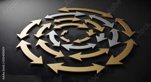 Golden and silver arrows forming a circular flow on a dark background