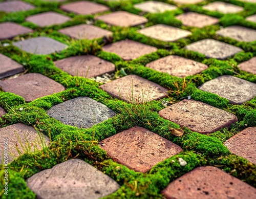 Old stone wall covered with green moss and grass shows a weathered rock texture of abstract brick patterns on an ancient street pavement