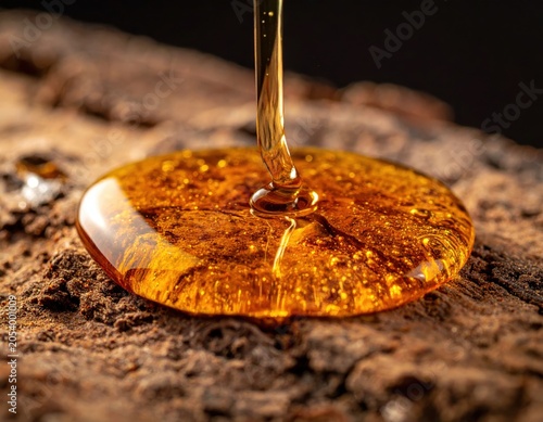 Delicious sweet caramel syrup and dark chocolate liquid pouring from a wooden spoon, isolated on a white background