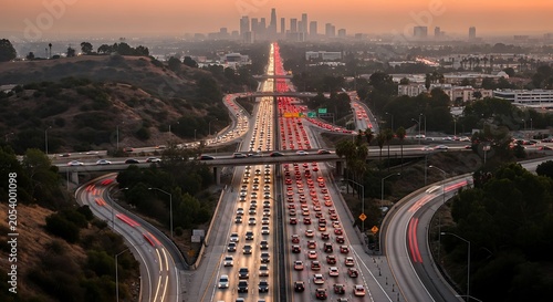 Los Angeles Highway Traffic at Sunset - A Cityscape View.