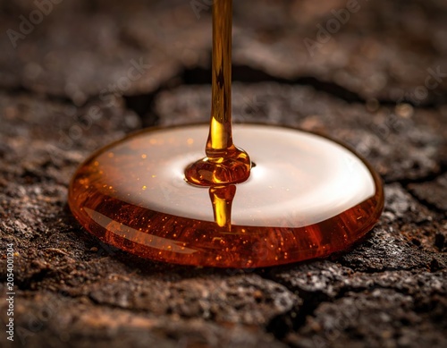 Delicious sweet caramel syrup and dark chocolate liquid pouring from a wooden spoon, isolated on a white background