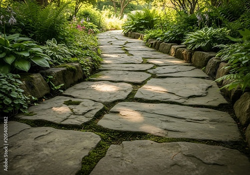 Stone Pathway Through Lush Garden - A Tranquil Outdoor Scene.