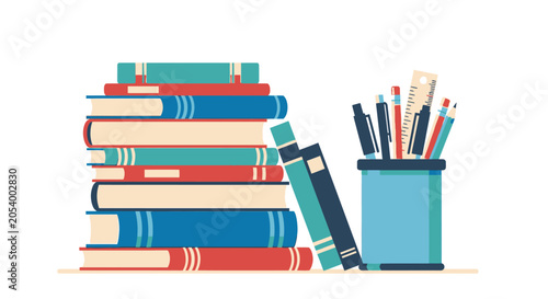 A stack of colorful books with a pencil holder containing various stationery items.