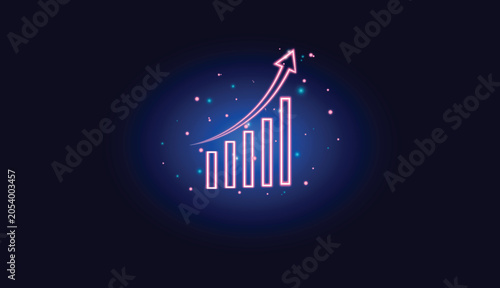 Bar chart with an upward arrow growth and success on a dark blue background. stock market trading technology background. business trend rising economy graph strategy.