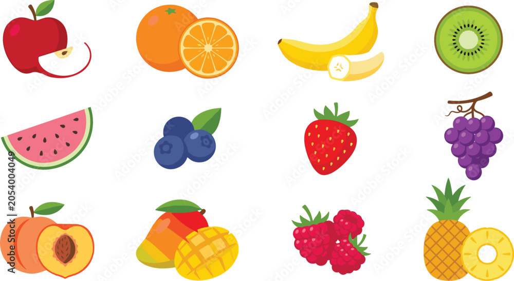 Obraz premium Fresh organic fruit vector icon set featuring apple orange banana kiwi strawberry watermelon pineapple mango peach grapes and berries