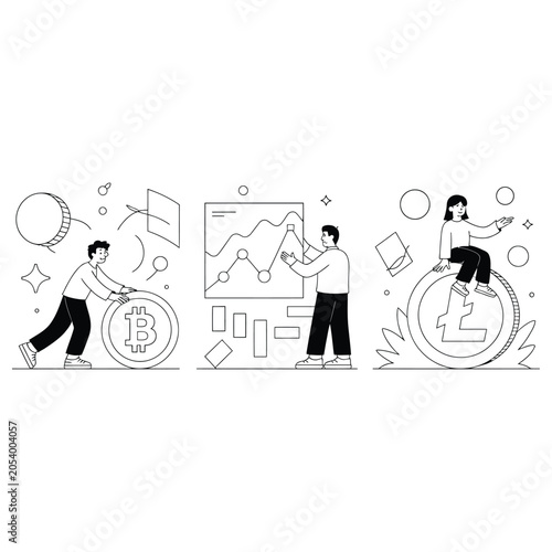 People interacting with digital cryptocurrency and blockchain financial data
