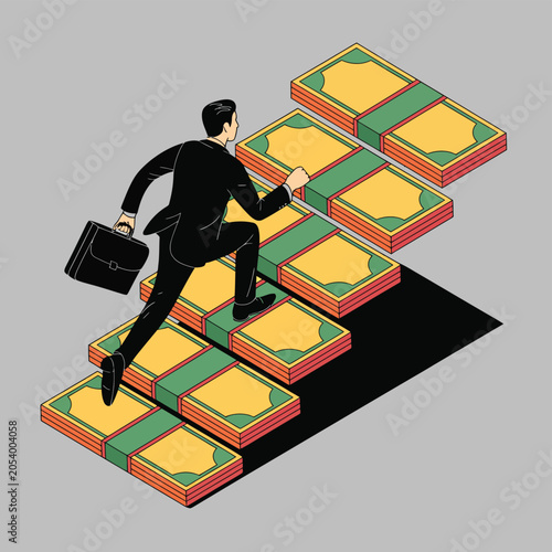 Businessman climbing a stack of money steps towards financial success