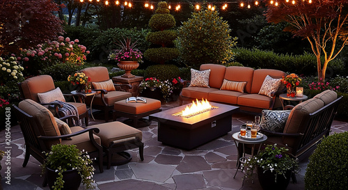 An image of a beautiful outdoor seating area, with several luxurious chairs arranged around a fire pit