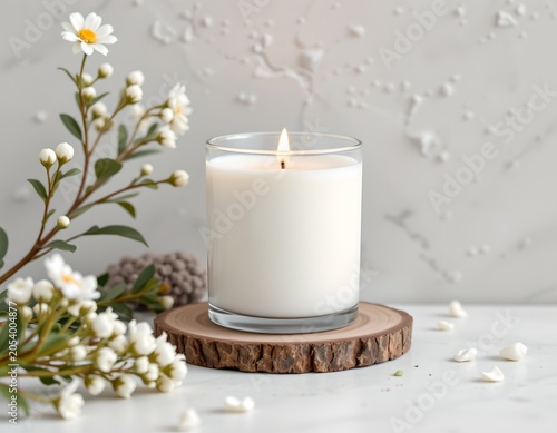 White candle jar mockup on light gray stone background, spa and wellness branding concept, calming monochrome aesthetic, soft diffused lighting, premium product showcase with no label, no text