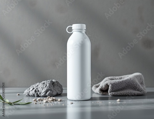 White water bottle mockup on gray fitness background, modern wellness branding concept, sporty minimalist composition, soft studio lighting, realistic reflections with no label, no text, no logo