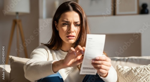 A woman looking at a receipt with a concerned expression.