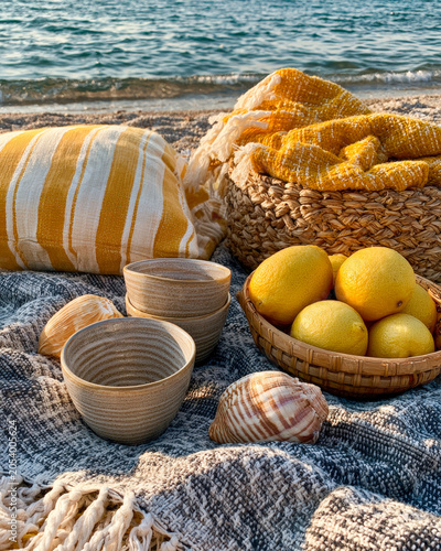 Sunny Beach Still Life With Lemons, Basket, Cups and Striped Blanket