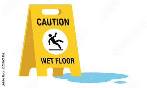 Fotografia Yellow Wet Floor Caution Sign with Water Puddle on White Background