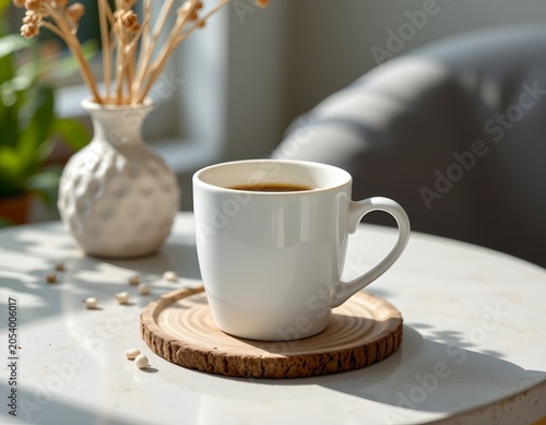 Blank white coffee cup mockup on light gray table, cozy modern branding concept, Scandinavian minimal style, soft morning sunlight, realistic shadow details