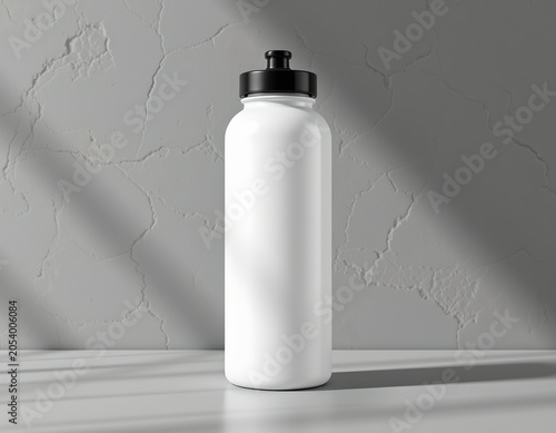 3D render illustration of white water bottle mockup on gray fitness background, sporty wellness branding concept, realistic plastic texture, clean studio shadows with no label, no text, no logo